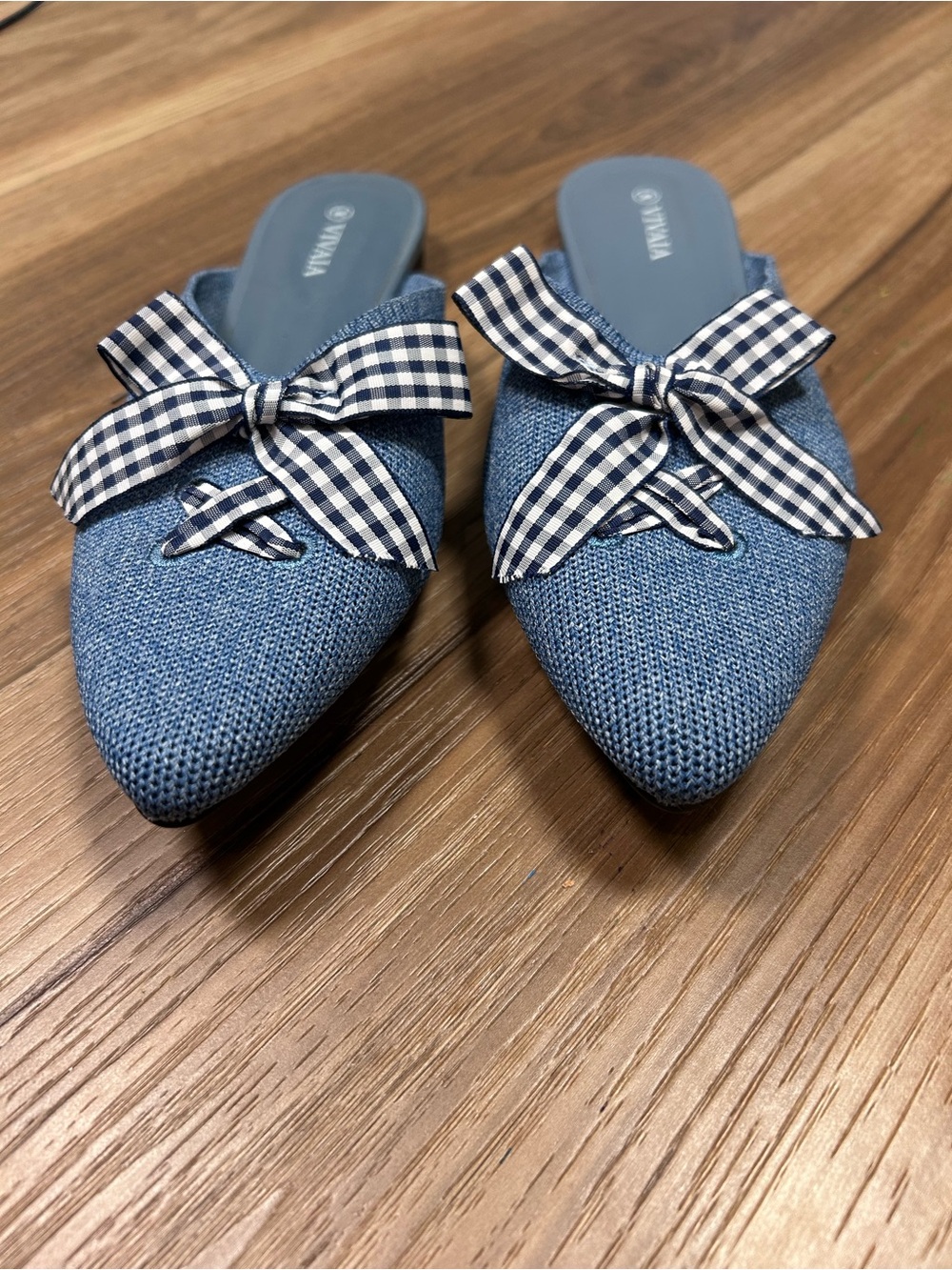 Vivaia pointed toe mules gingham bow size 38 US 7 flats preppy Twee teacher - Picture 3 of 7